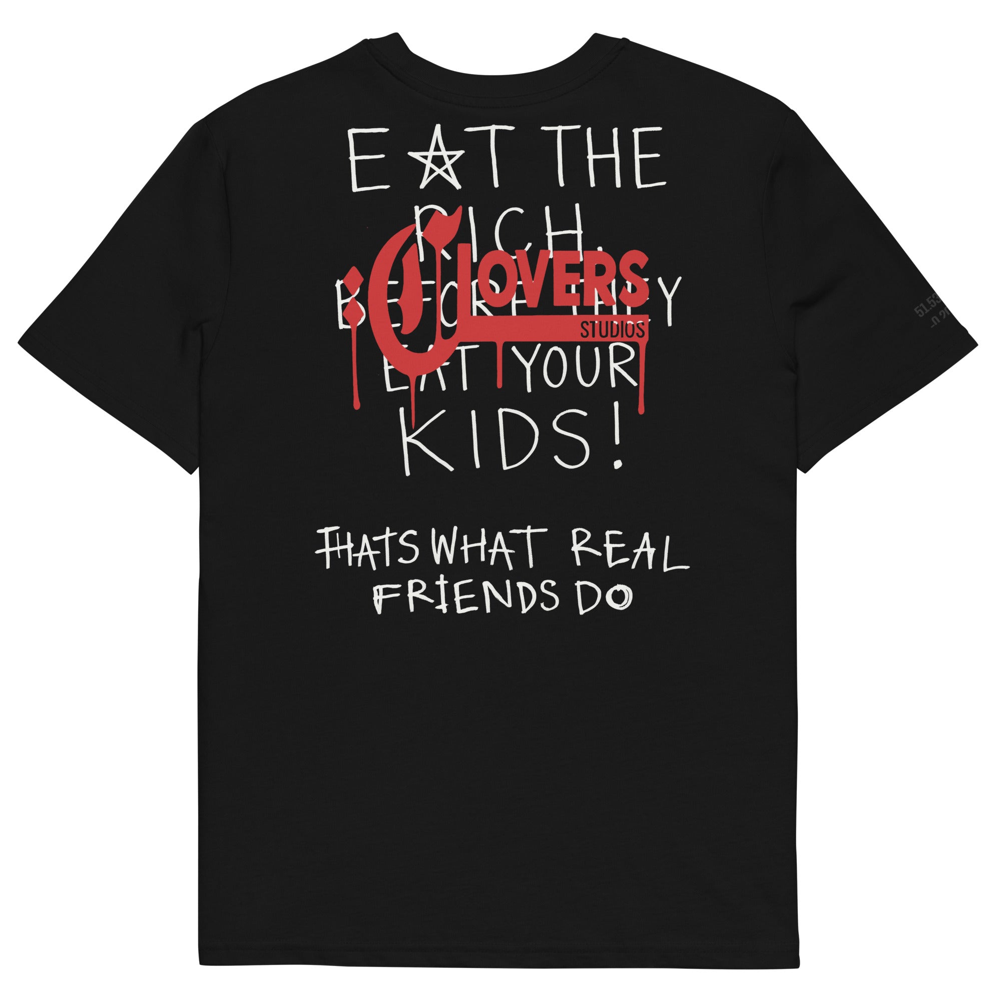 Black t-shirt with white and red text on a white background