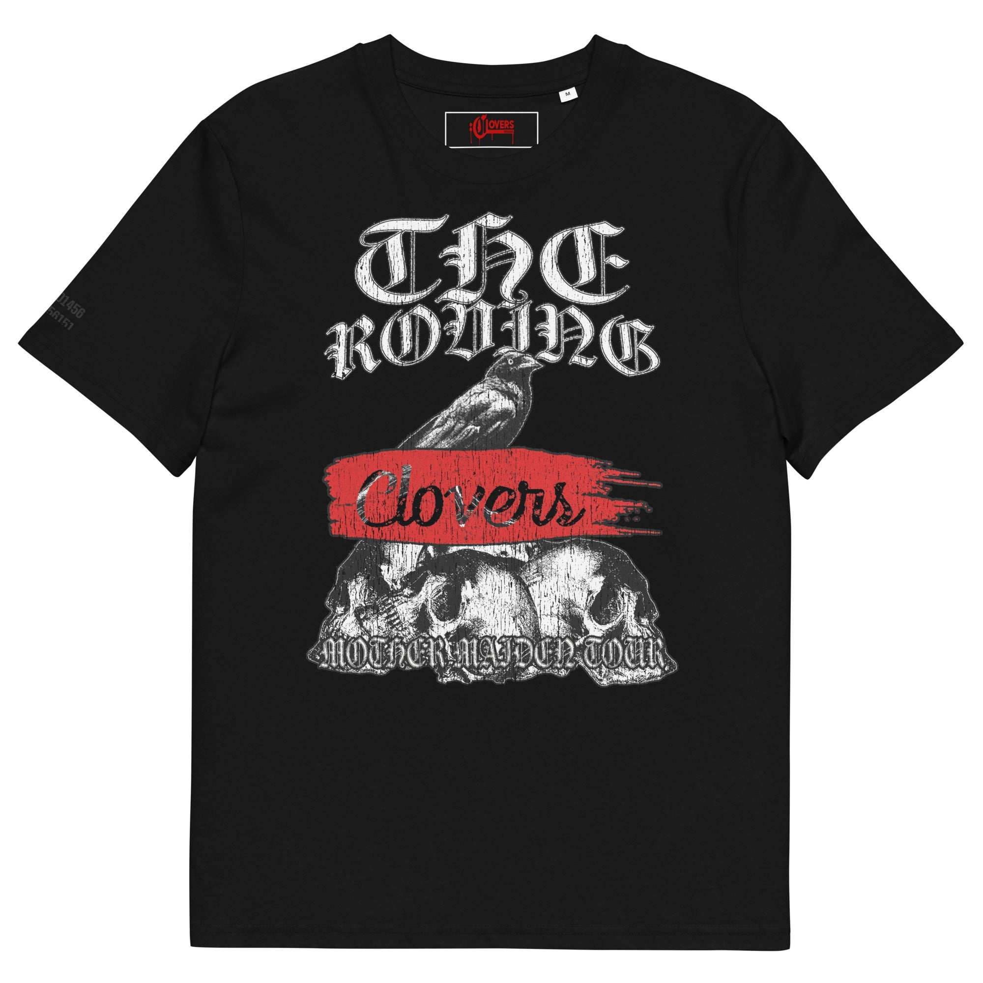 Black t-shirt with graphic design and text on a white background