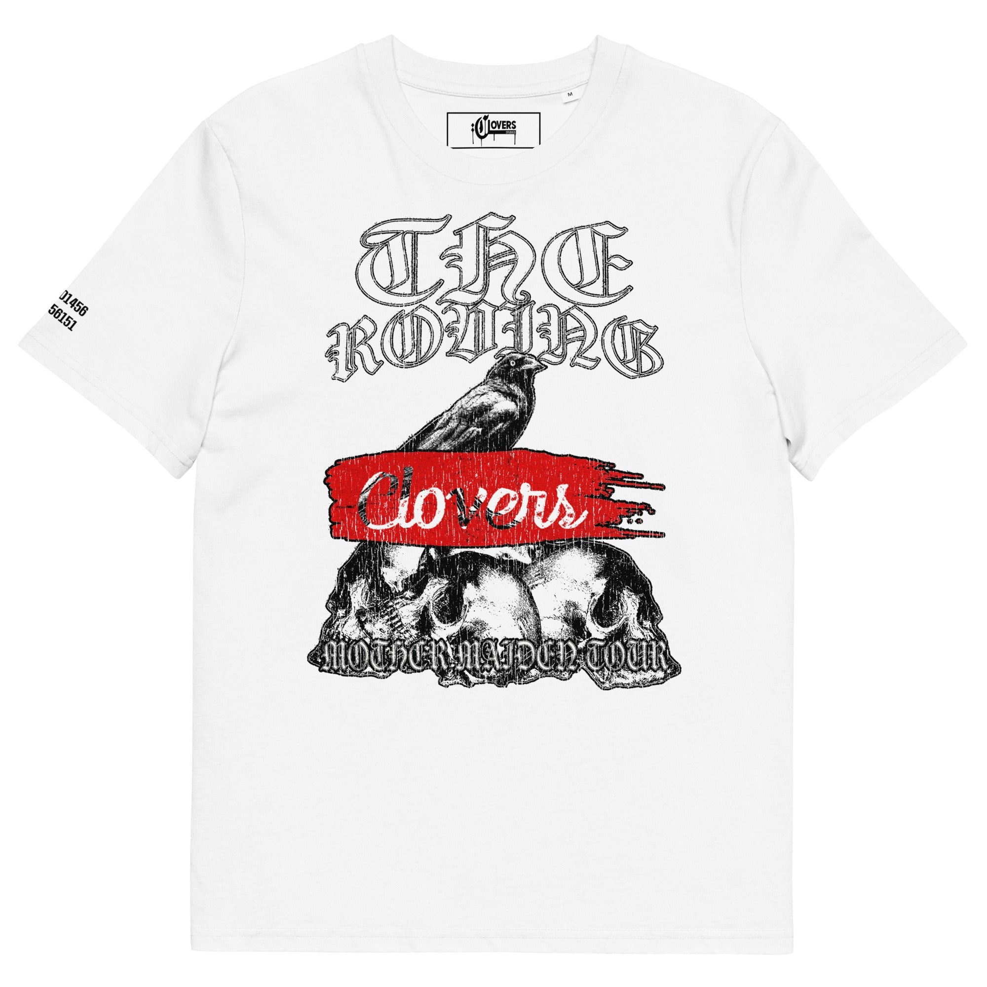 White t-shirt with black and red graphic design on a white background