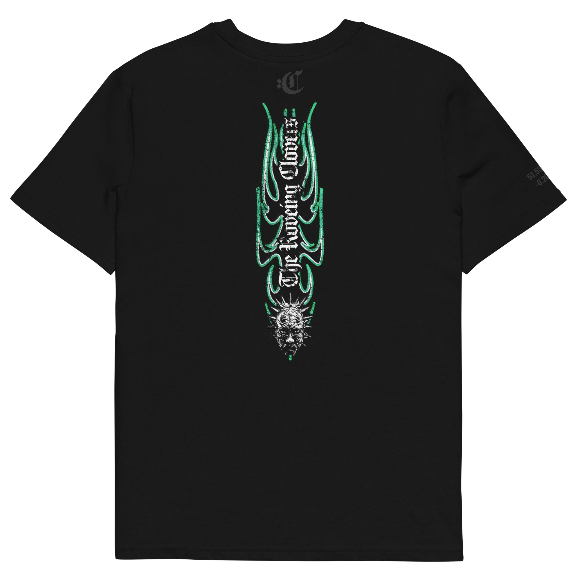 Black t-shirt with green and white graphic design on a white background