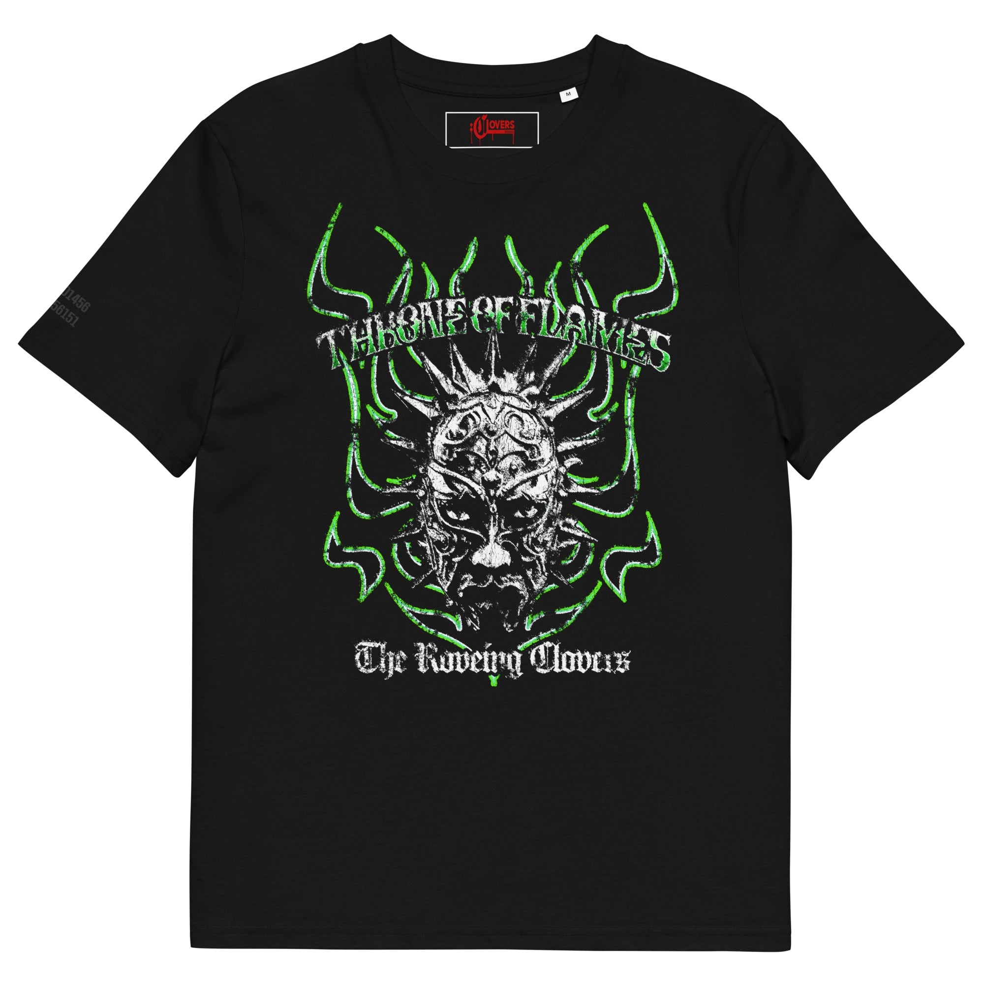 Black t-shirt with green and white graphic design on a white background