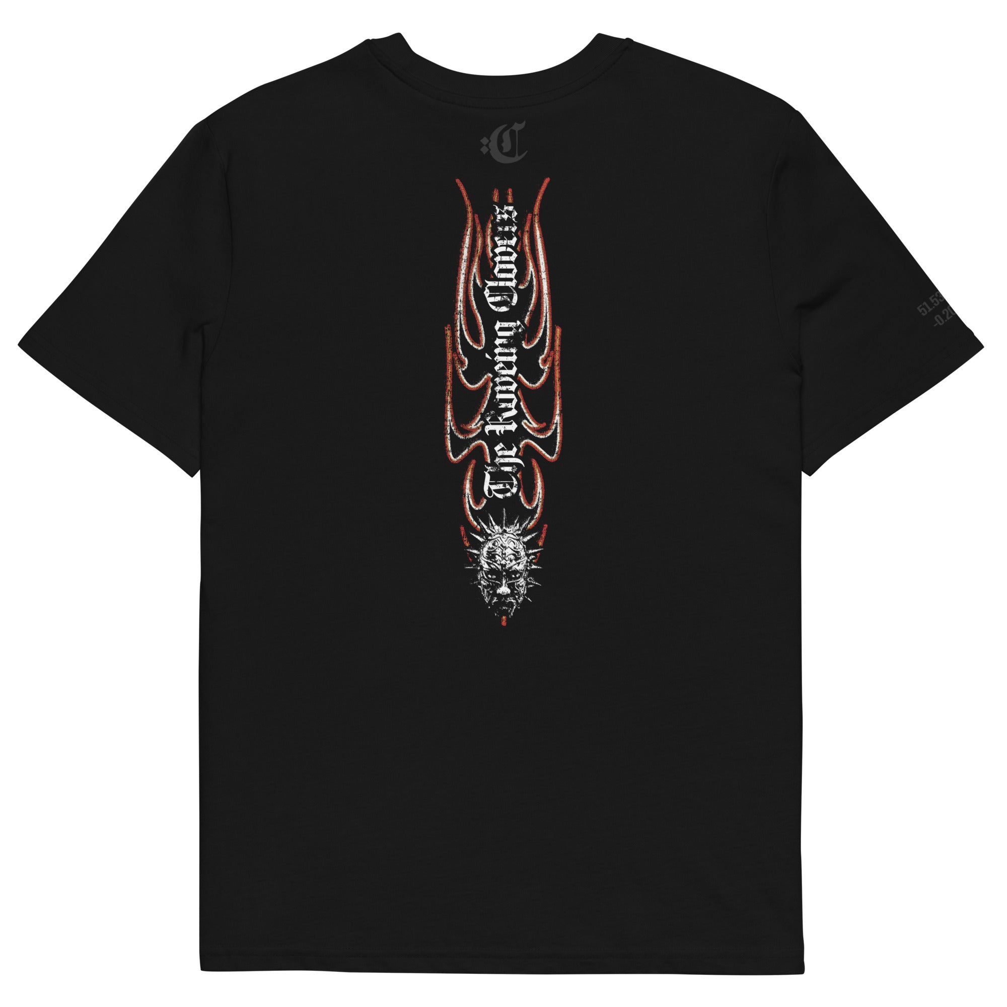 Black t-shirt with a vertical tattoo-style graphic on a white background