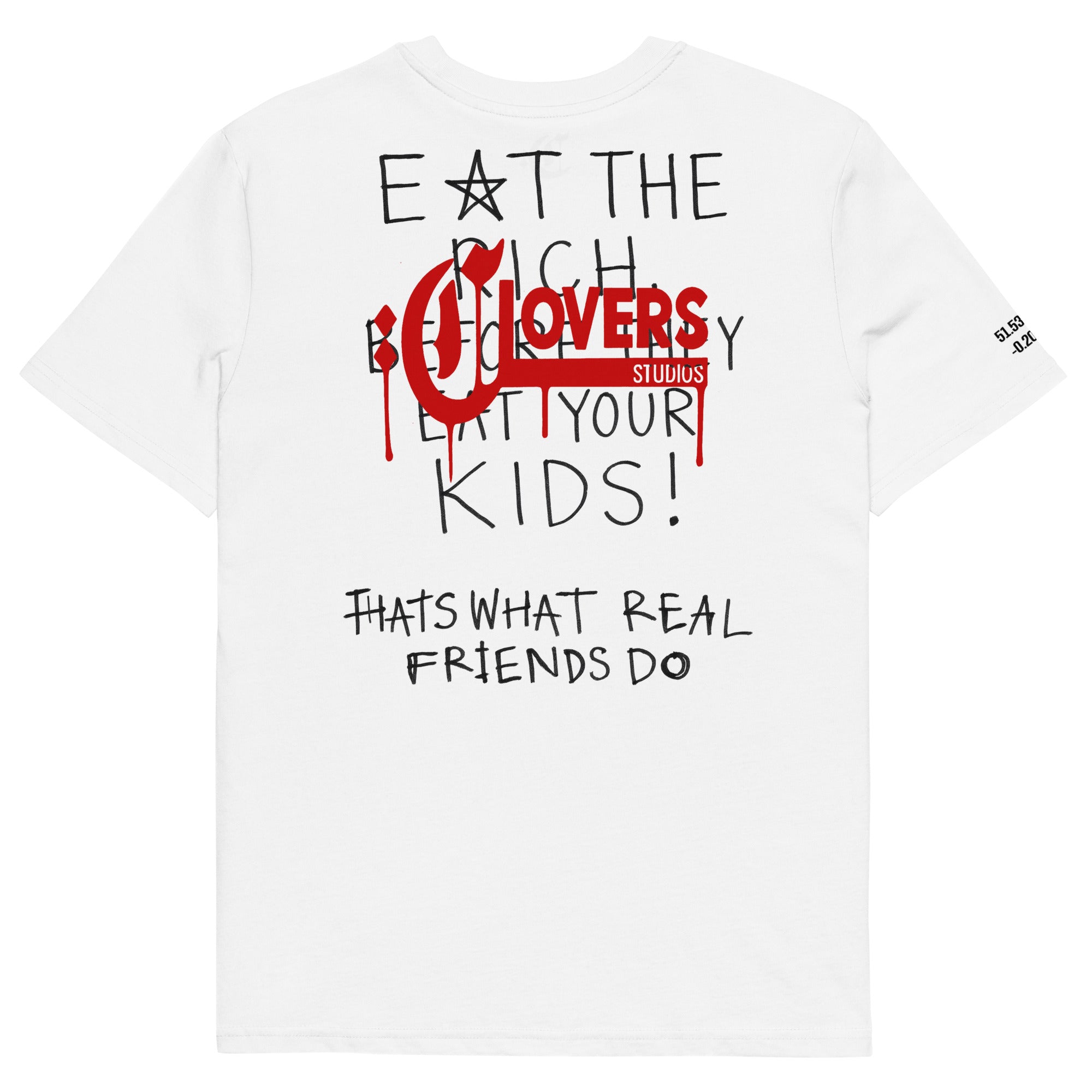 White t-shirt with black and red text and 'Clovers Studios' logo on a white background