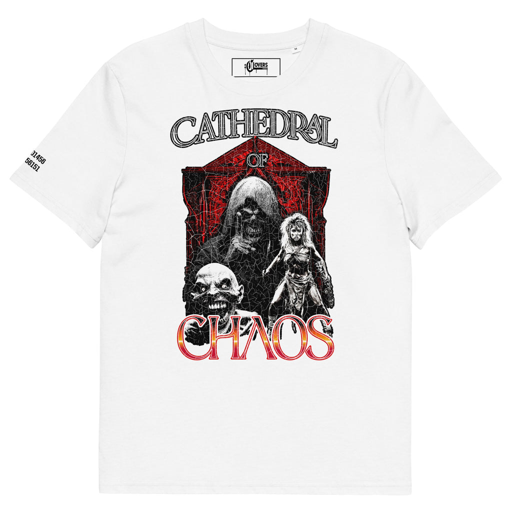 White t-shirt with 'Cathedral of Chaos' graphic design featuring skeletons and a red banner.