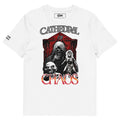 White t-shirt with 'Cathedral of Chaos' graphic design featuring skeletons and a red banner.