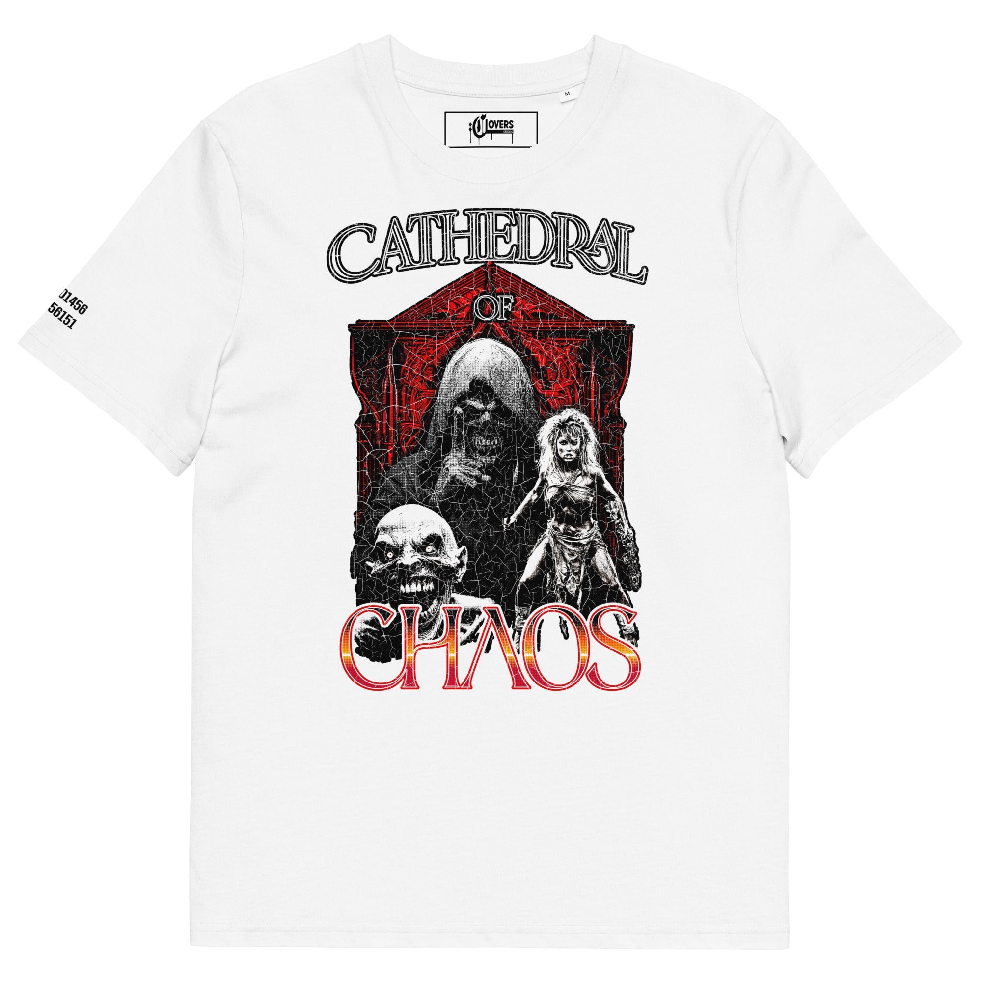 White t-shirt with 'Cathedral of Chaos' graphic design featuring skeletons and a red banner.