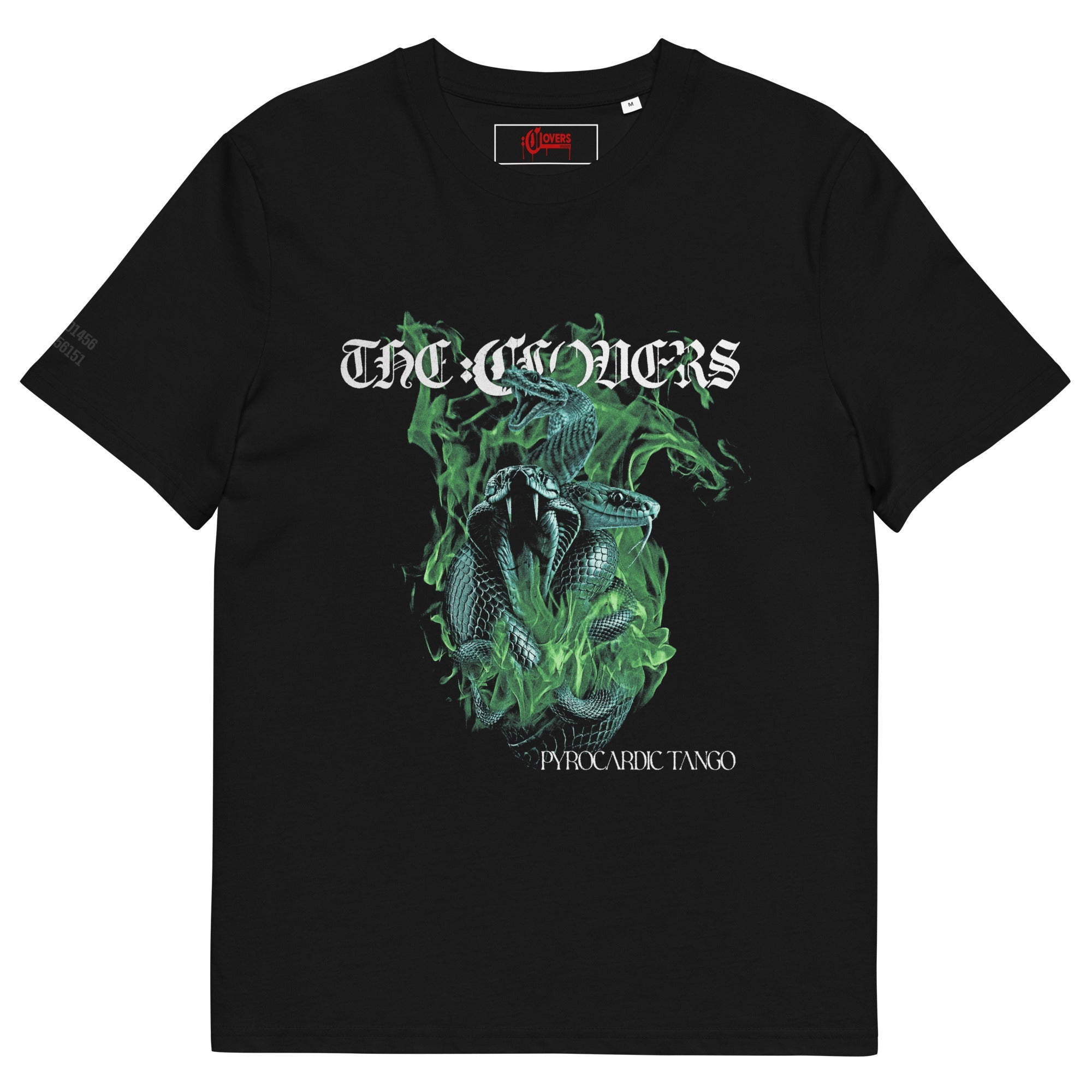 Black t-shirt with green graphic design and text on a white background