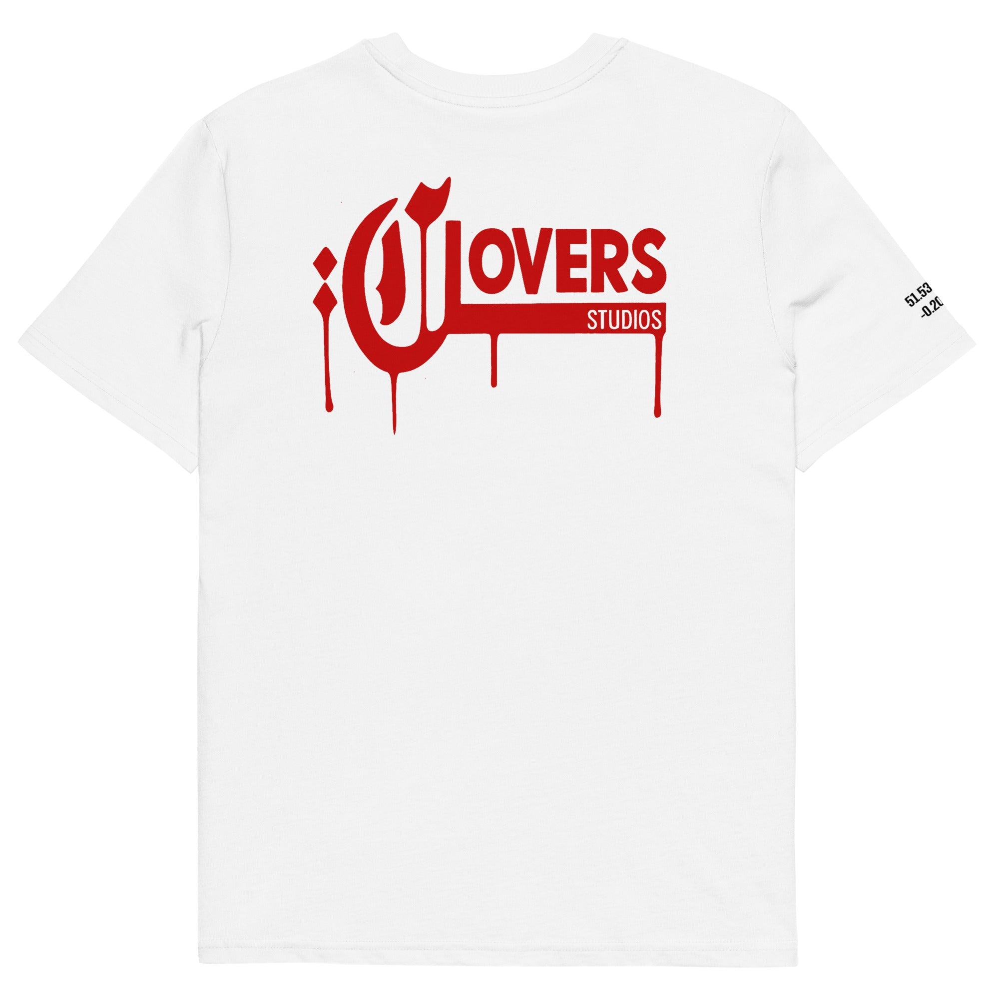 White t-shirt with red 'LOVERS STUDIOS' logo on a white background