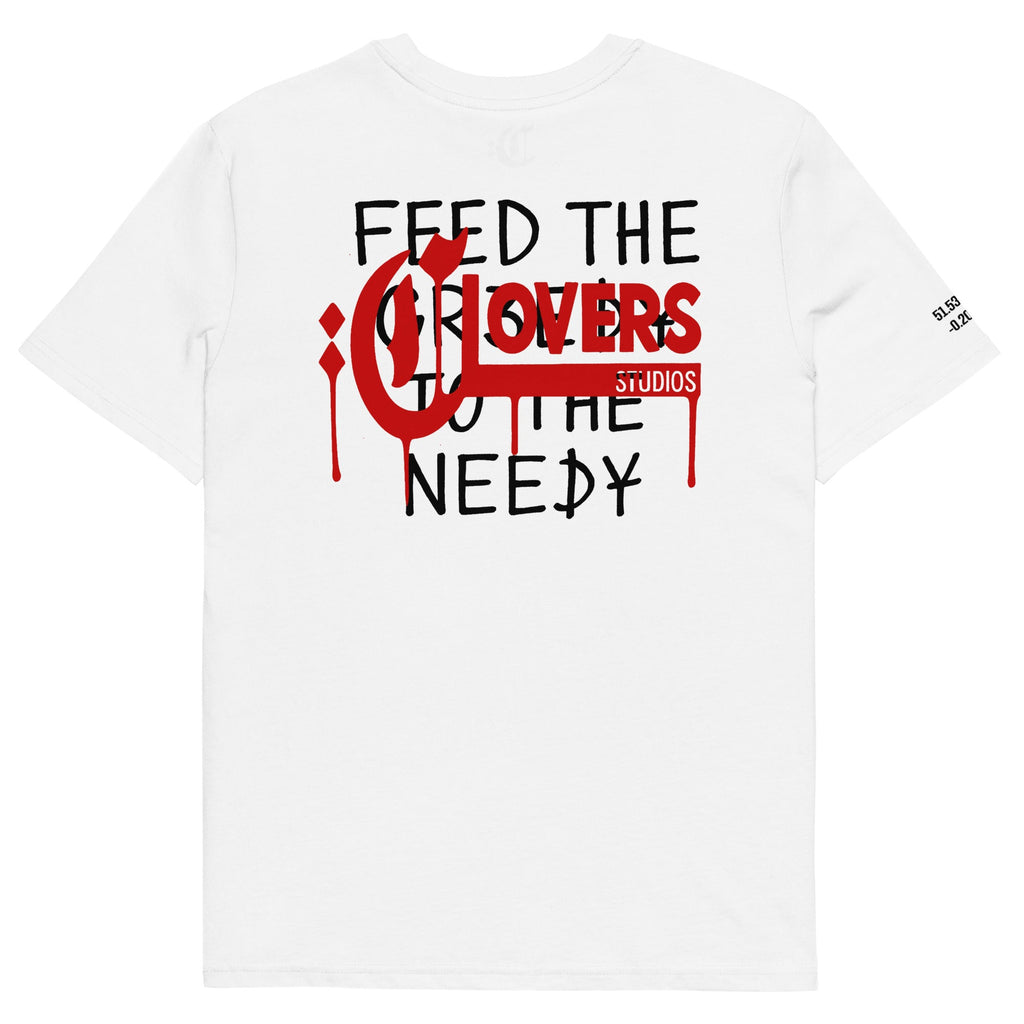 White t-shirt with black and red text on a white background
