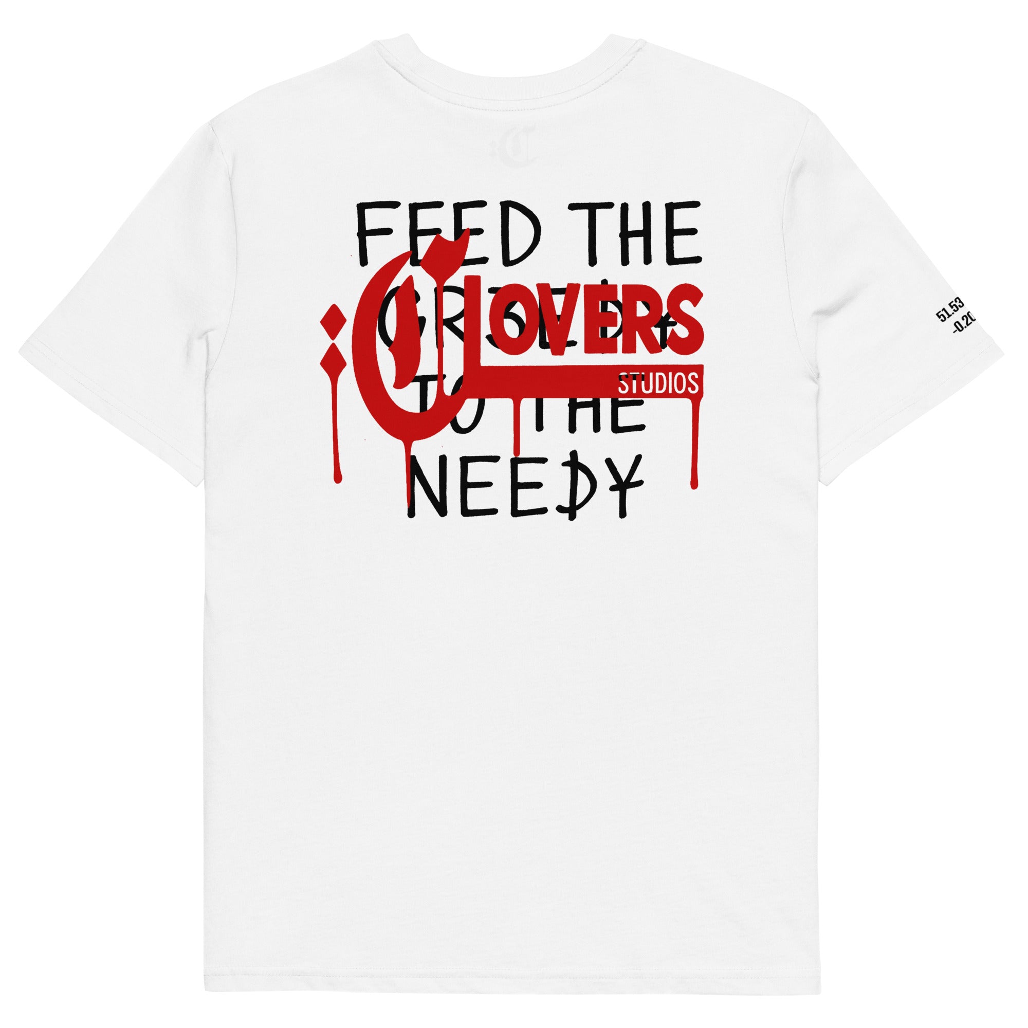 White t-shirt with black and red text on a white background