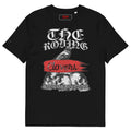 Black t-shirt with graphic design and text on a white background