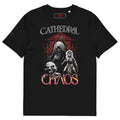 Black t-shirt with 'Cathedral of Chaos' graphic design on a white background