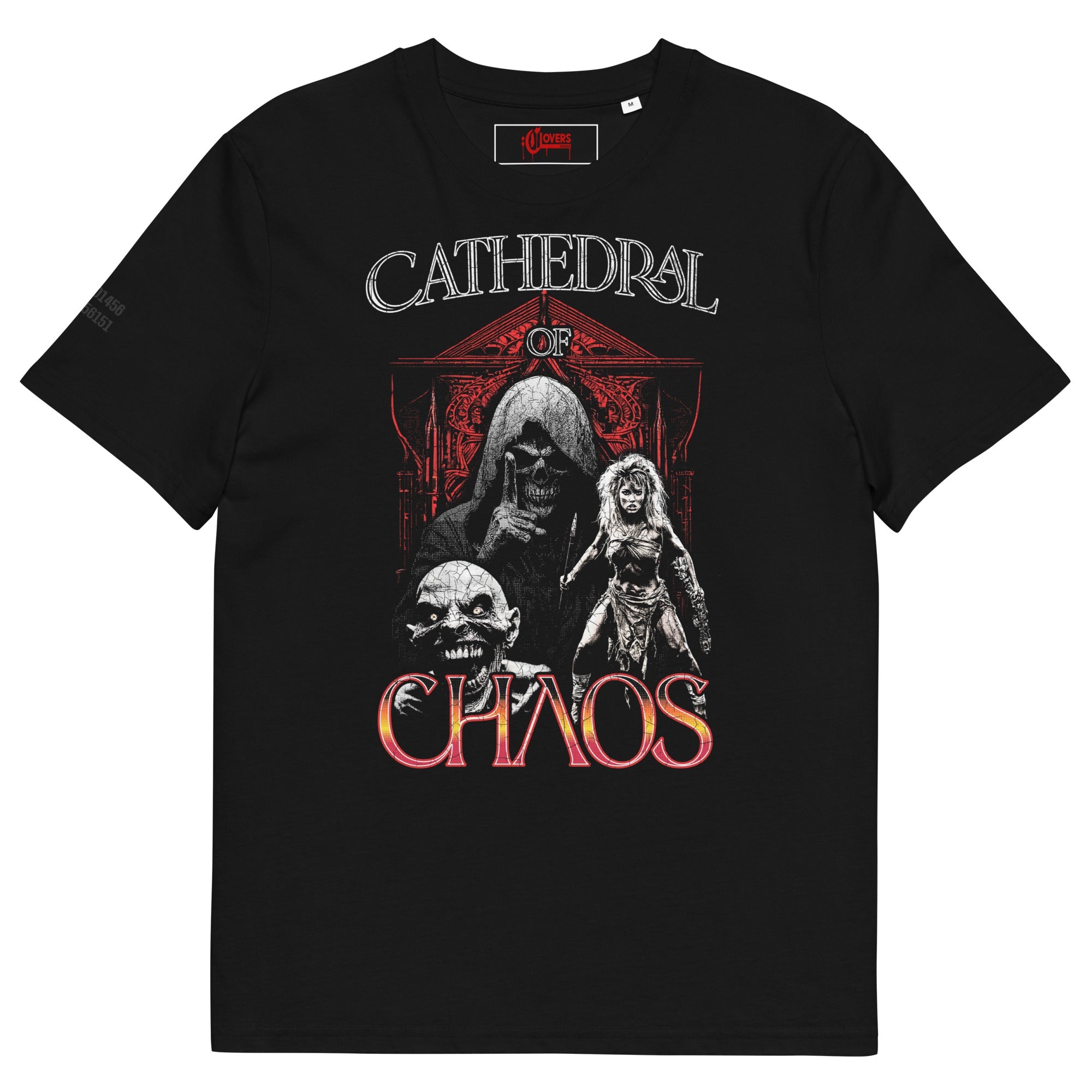 Black t-shirt with 'Cathedral of Chaos' graphic design on a white background