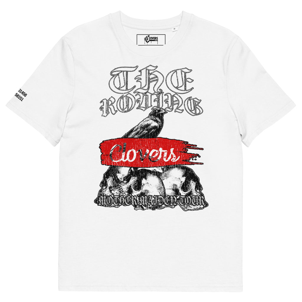 White t-shirt with black and red graphic design on a white background