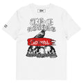 White t-shirt with black and red graphic design on a white background