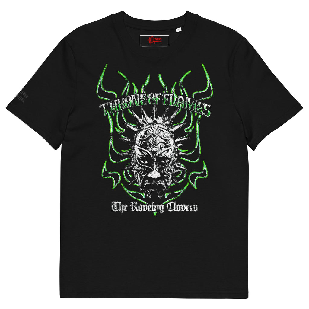 Black t-shirt with green and white graphic design on a white background