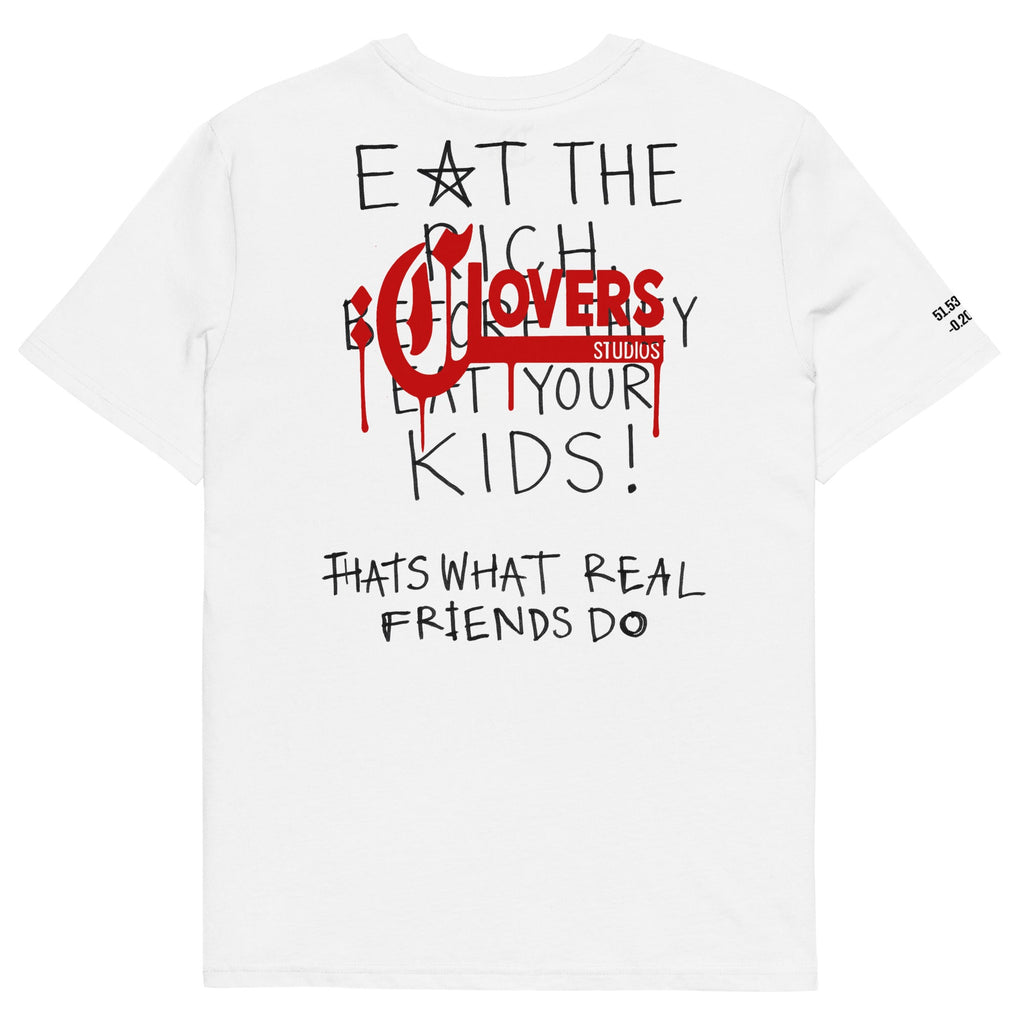 White t-shirt with black and red text and 'Clovers Studios' logo on a white background