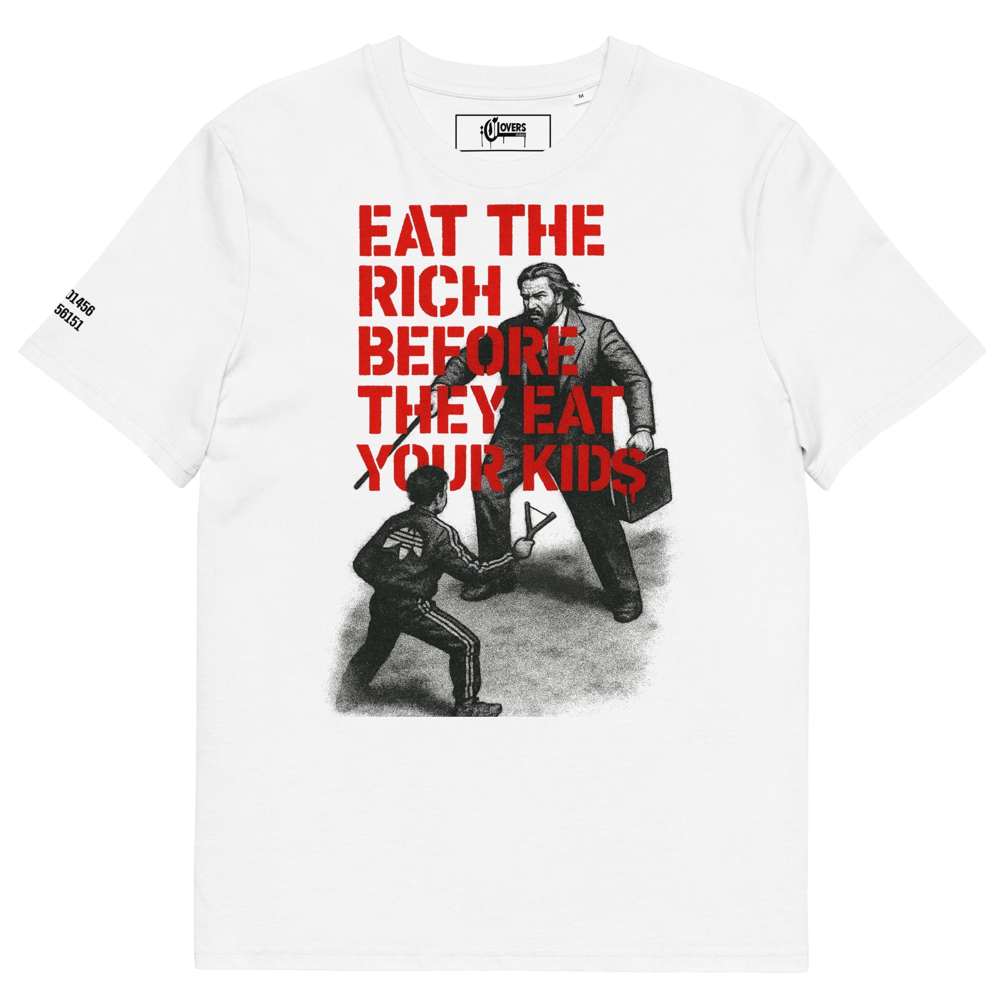 White t-shirt with graphic design and text 'Eat the Rich Before They Eat Your Kids' on a white background