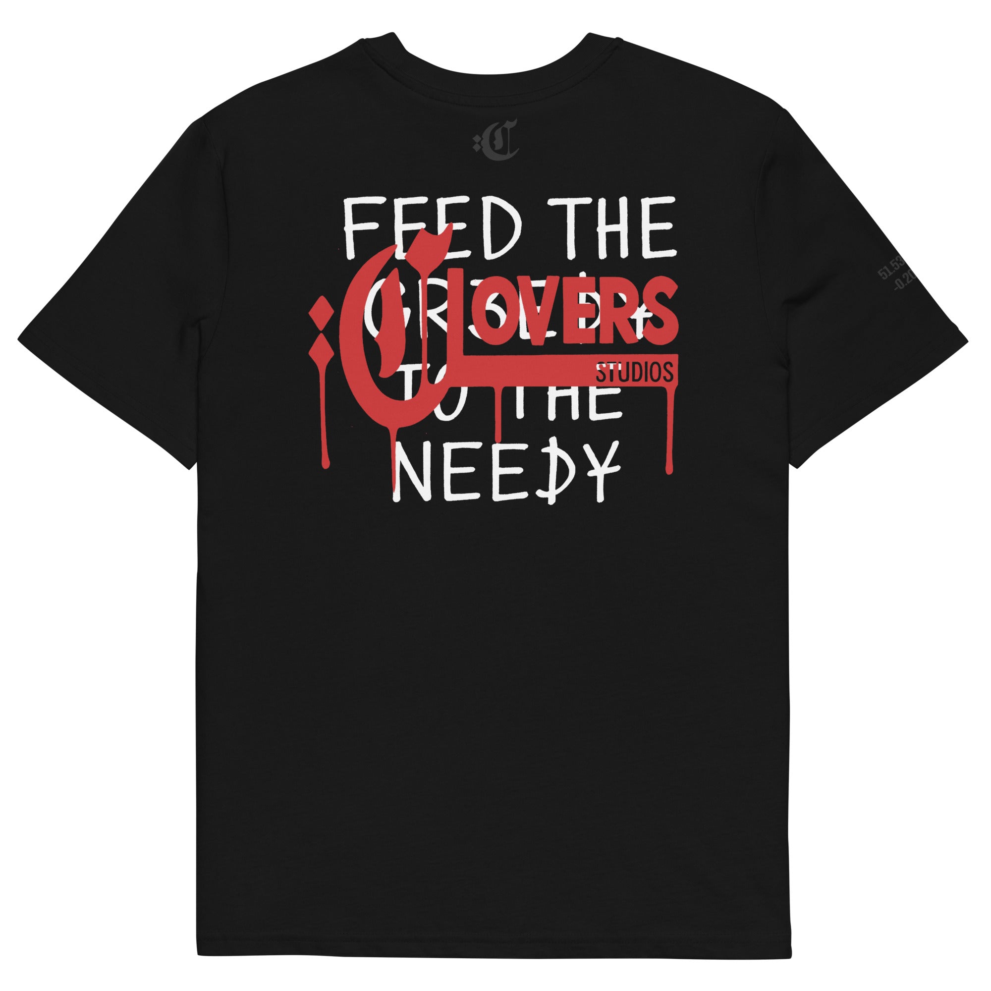 Black t-shirt with red and white text and graphics on a white background