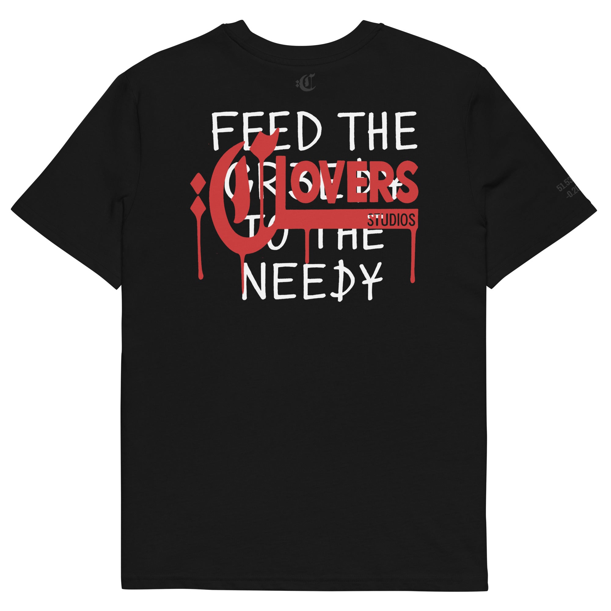 Black t-shirt with red and white text on a white background
