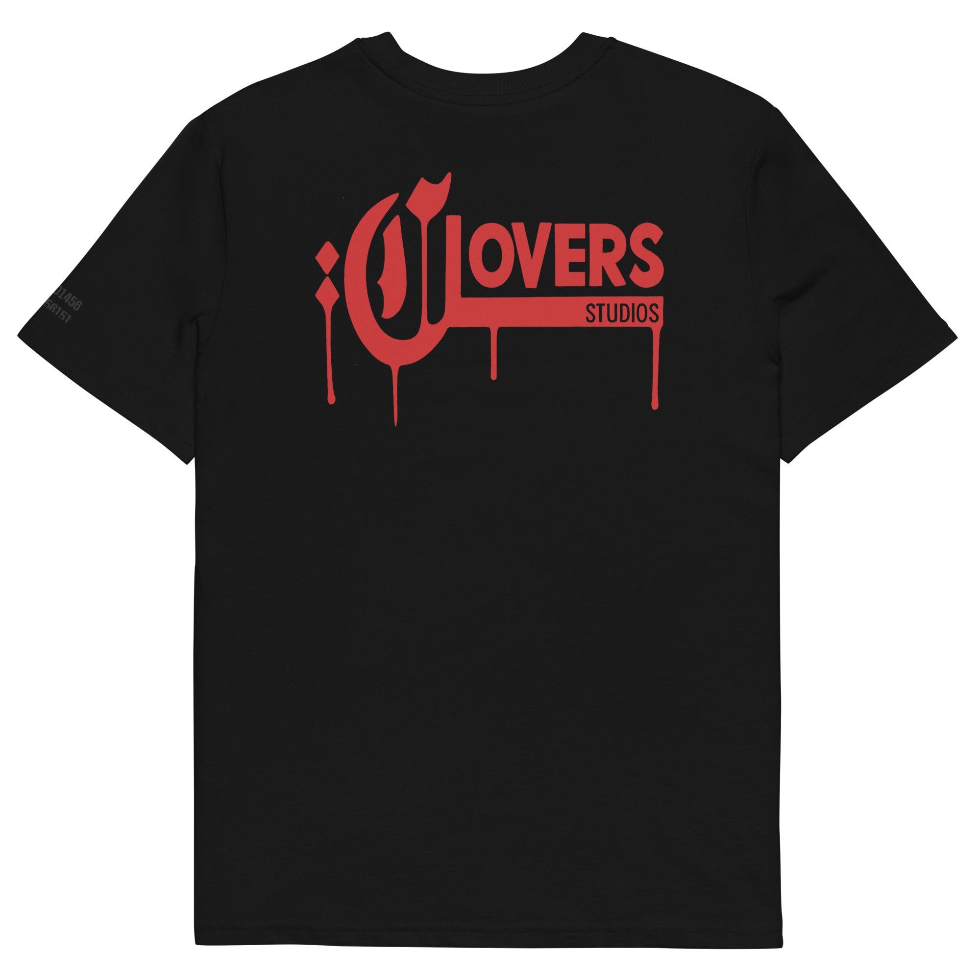 Black t-shirt with red 'LOVERS STUDIOS' logo on a white background