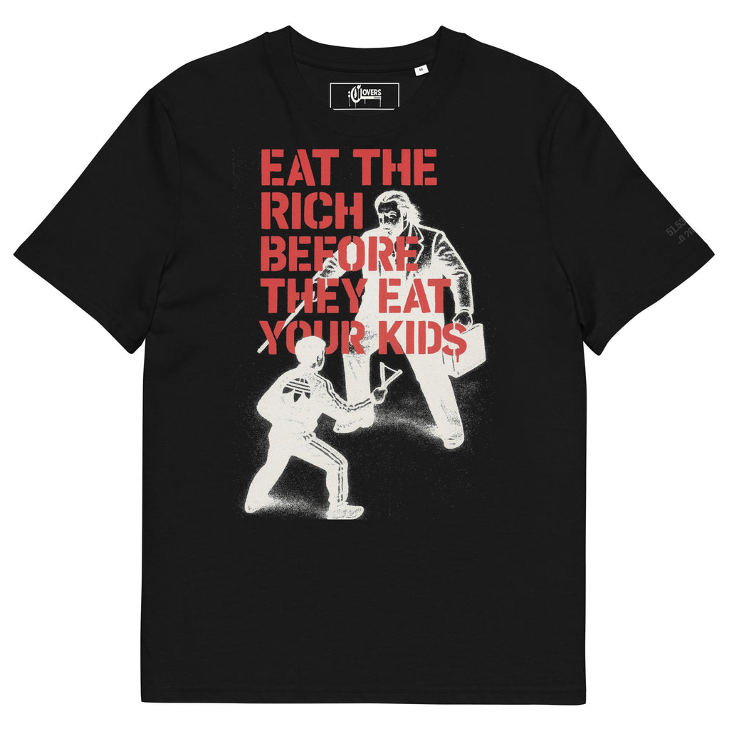 Black t-shirt with graphic design and text 'Eat the Rich Before They Eat Your Kids' on a white background