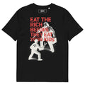 Black t-shirt with graphic design and text 'Eat the Rich Before They Eat Your Kids' on a white background