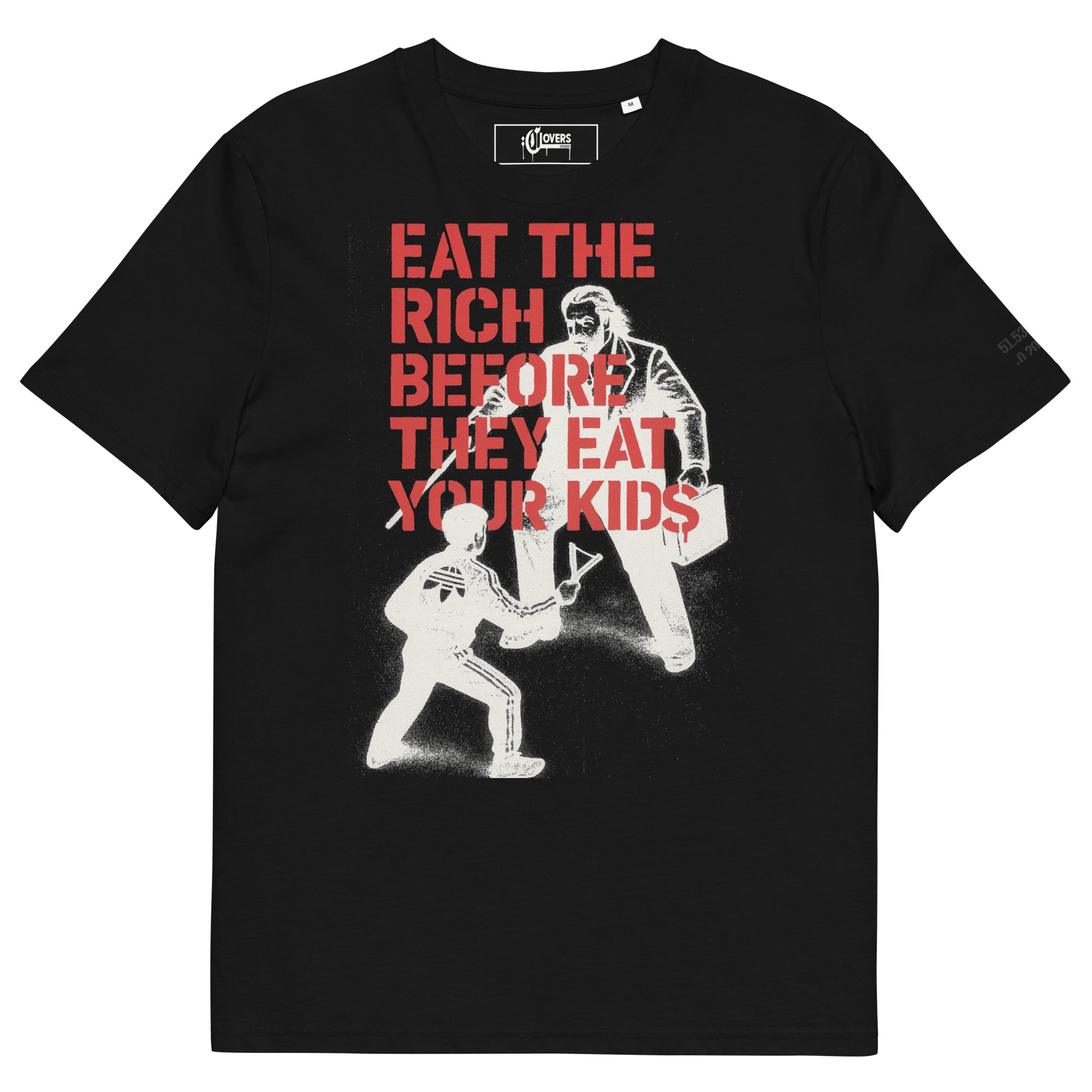Black t-shirt with graphic design and text 'Eat the Rich Before They Eat Your Kids' on a white background
