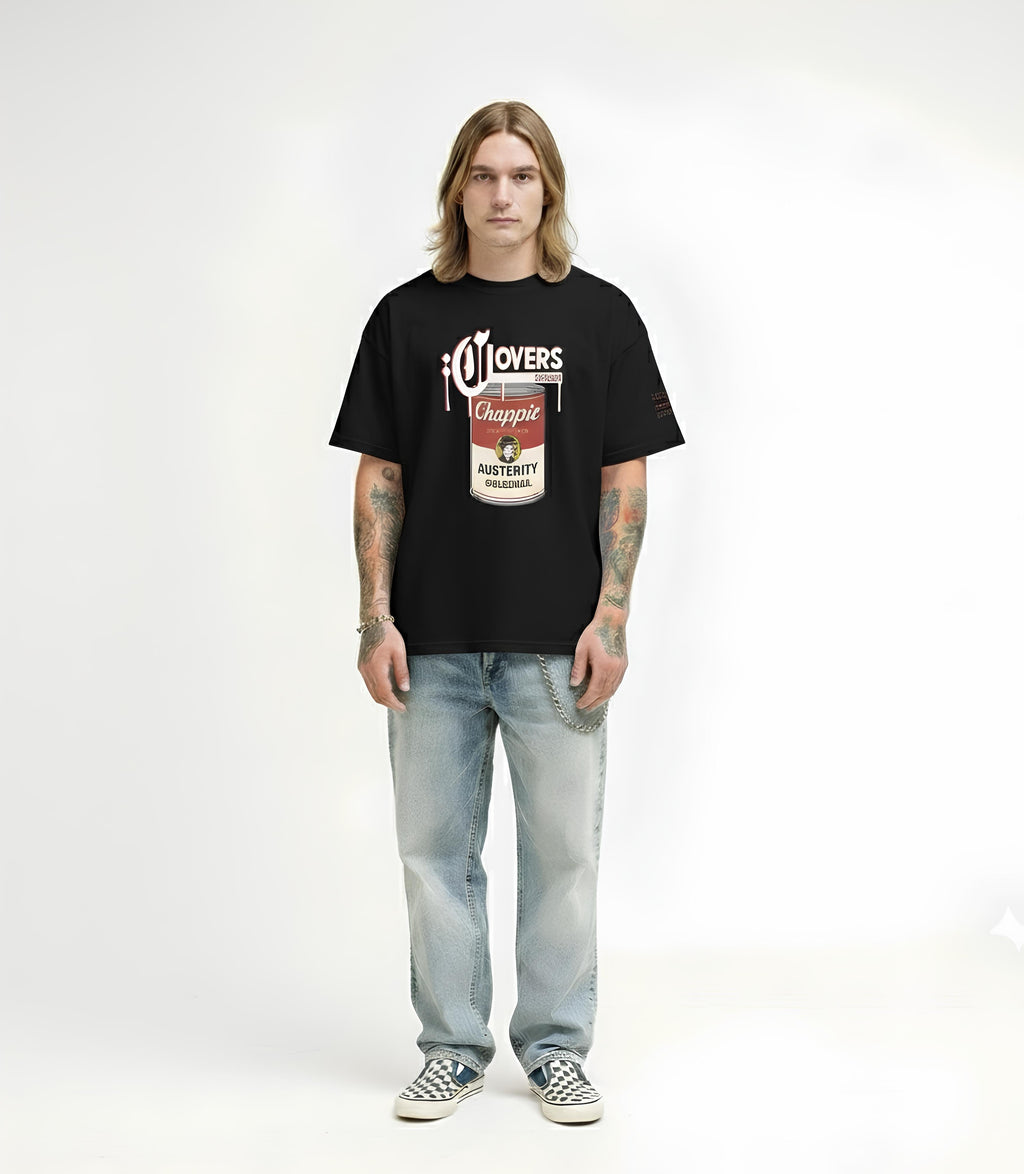 Person wearing a black t-shirt with a graphic design on a white background