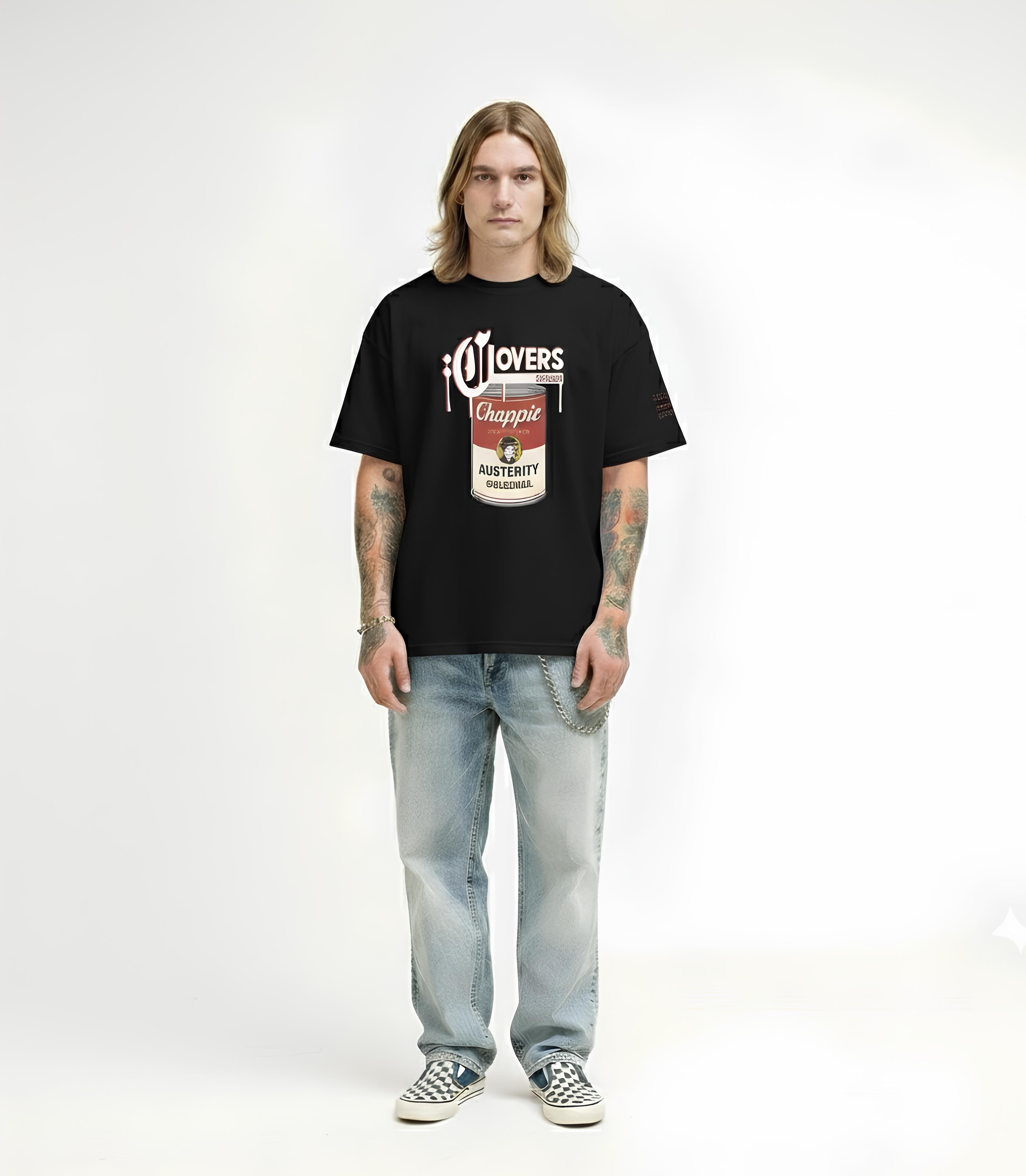 Person wearing a black t-shirt with a graphic design on a white background