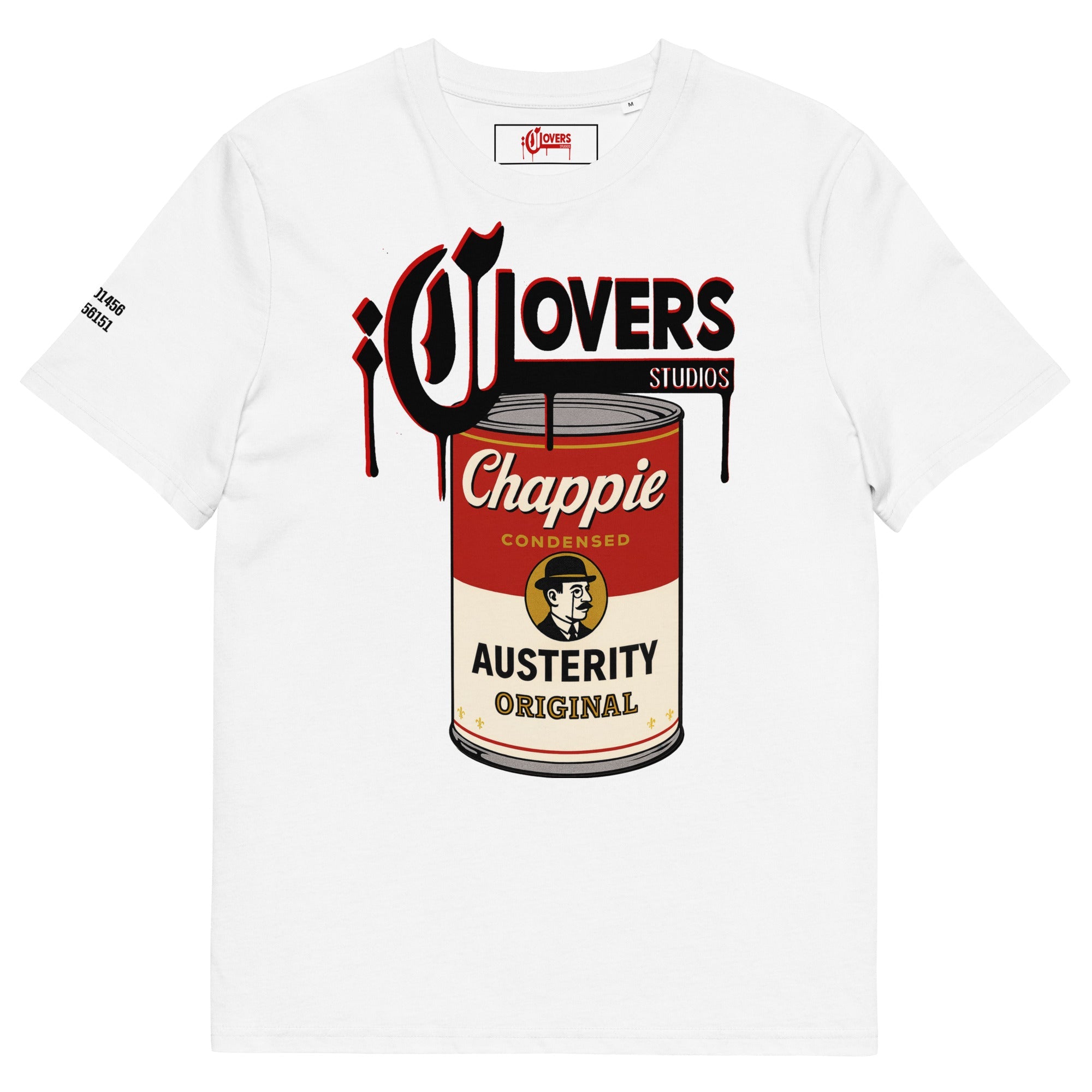 White t-shirt with a graphic design of a can labeled 'Chappie Austerity Original' and 'O'Lovers Studios' on a white background.