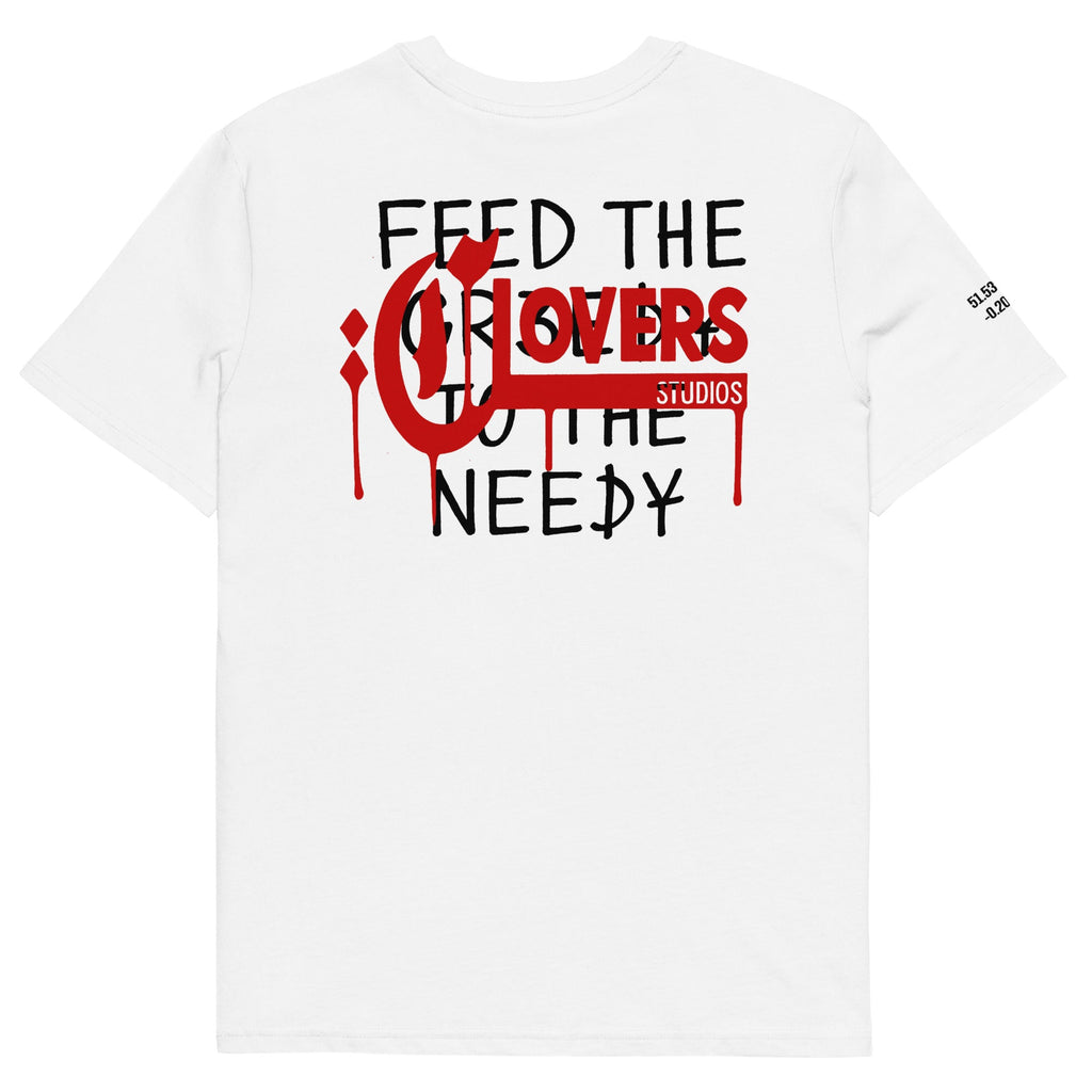 White t-shirt with text and logo on the back, on a white background