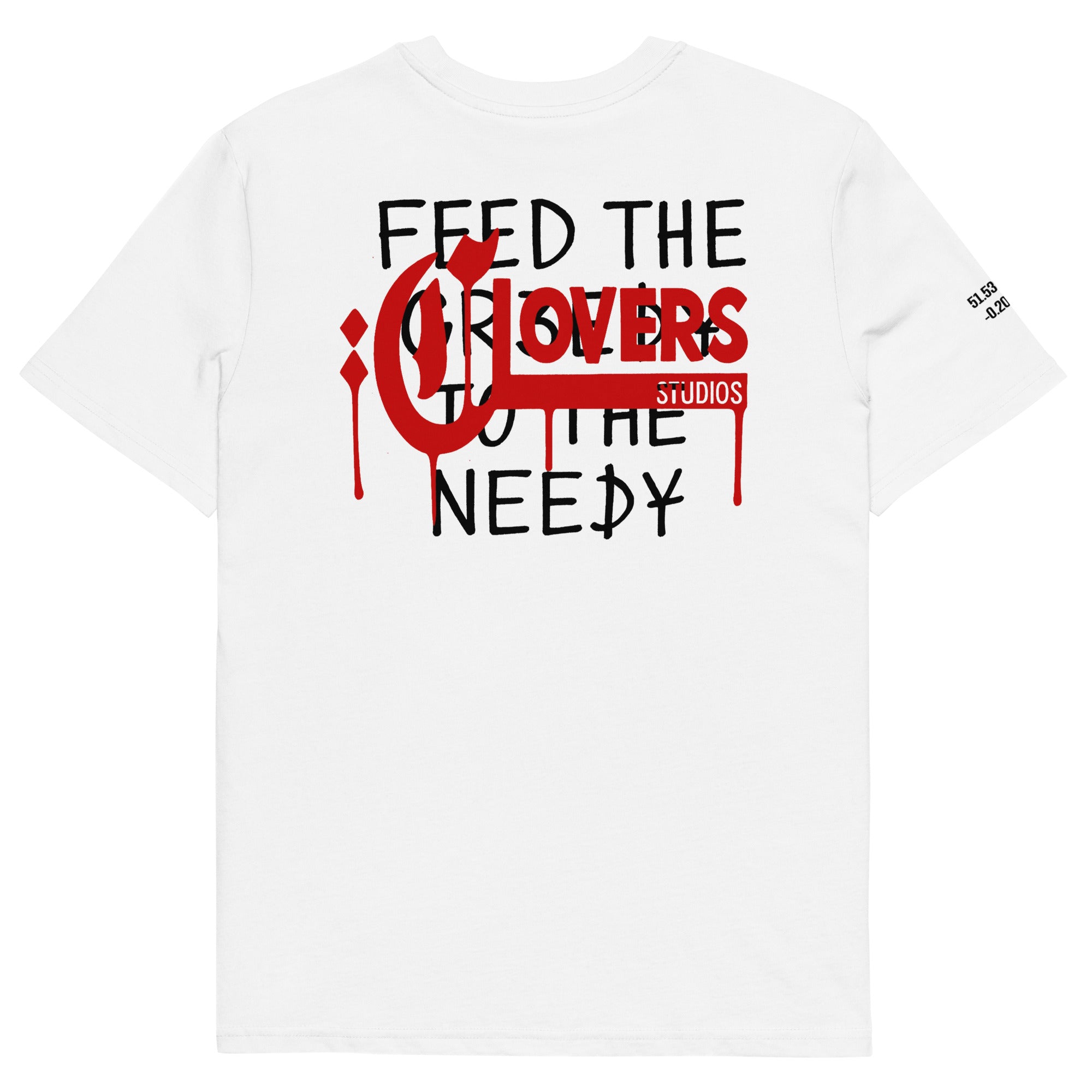 White t-shirt with text and logo on the back, on a white background