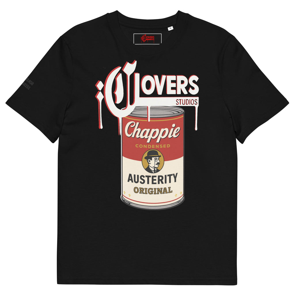 Black t-shirt with a graphic design of a can labeled 'Chappie Austerity Original' on a white background.