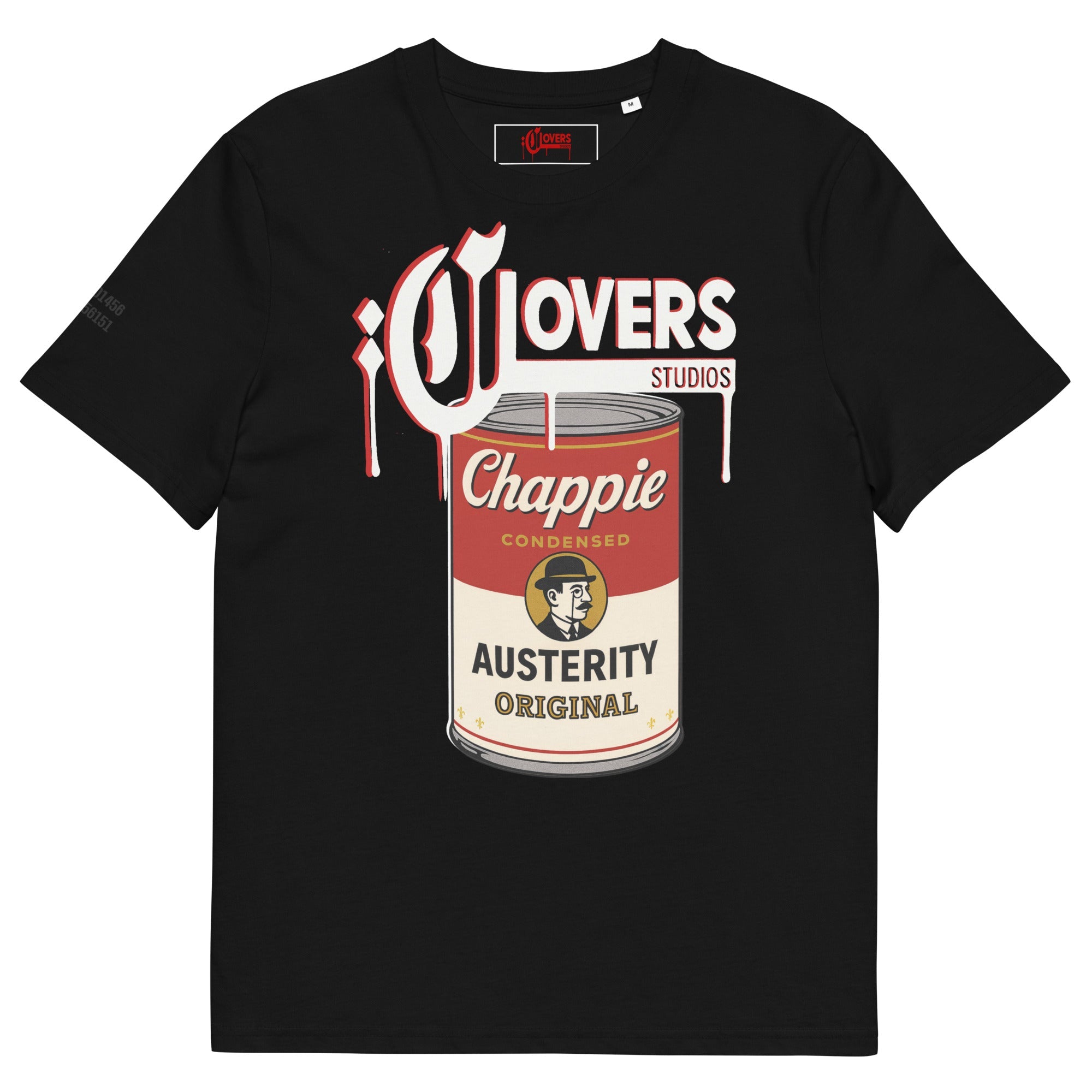 Black t-shirt with a graphic design of a can labeled 'Chappie Austerity Original' on a white background.