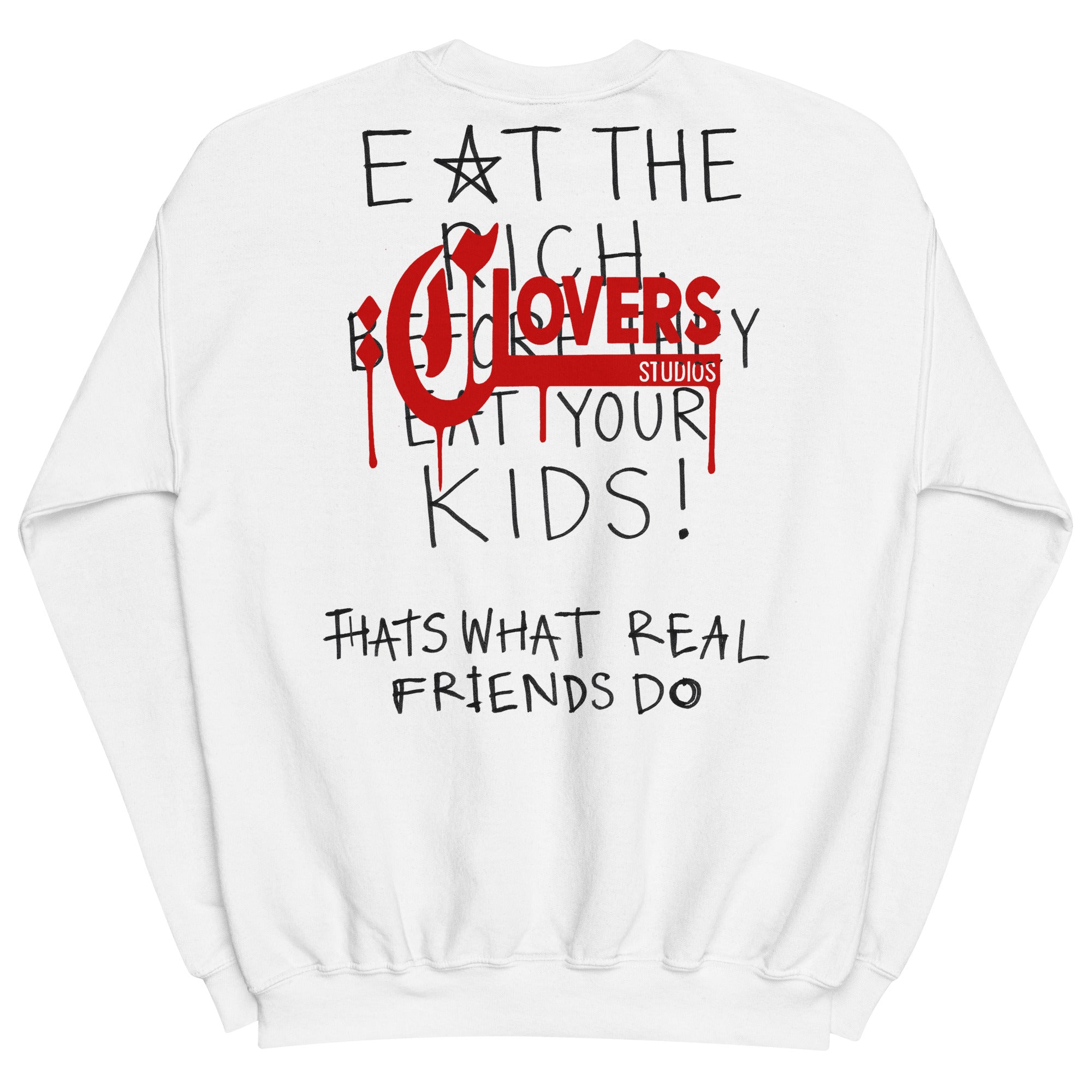 White sweatshirt with black and red text on a white background
