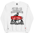 White sweatshirt with graphic design and text on a white background